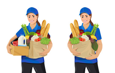 Set of young delivery woman. Smiling female couriers wearing t-shirt and cap holding paper bag and box with products. Food delivery service concept. Vector illustration isolated on white background.