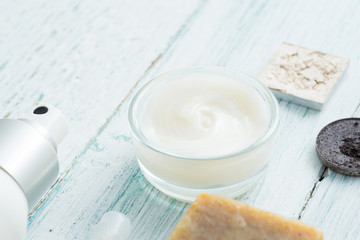 hygiene and beauty product samples, powder compact, spray, soap, moisturizer