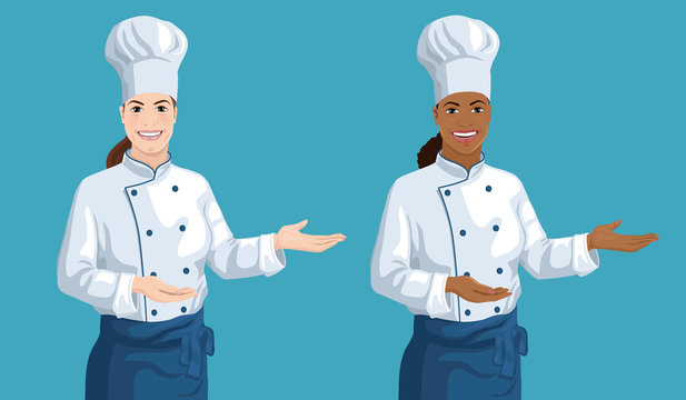 Vector set of two female chefs showing by hand. African American and Caucasian ethnicity young smiling cute cook women. Cartoon style illustration.