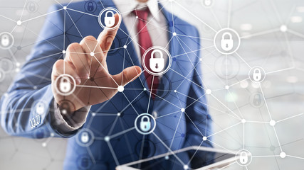 Cyber security, information privacy, data protection concept on modern server room background. Internet and digital technology concept.