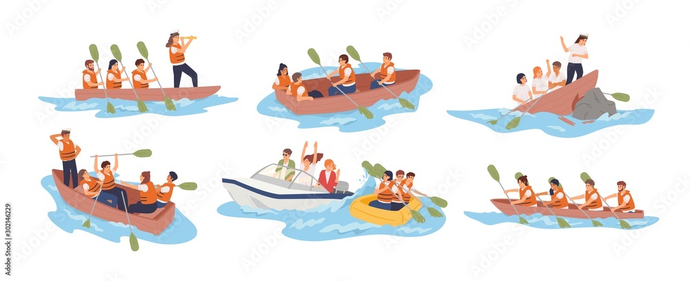 Poster business team in boat vector illustrations set. teamwork, stuff cooperation concept. different situa