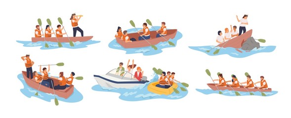 Business team in boat vector illustrations set. Teamwork, stuff cooperation concept. Different situations, joint problem solving. Business partnership metaphor. Boat teams isolated on white background