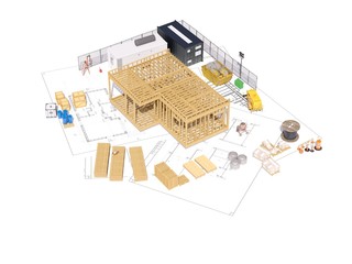 3d render of a frame building concept. Detailed concept of construction with house project. 3D illustration of modern frame house concept.