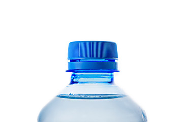 Macro close-up of the neck of a blue plastic bottle with clean water horizontal position, isolate...