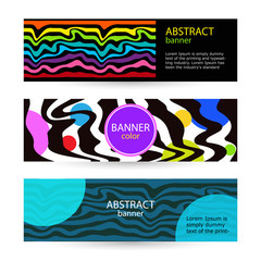 Set Horizontal color banners with rainbow waves on black background. abstract Design. Universal template for a web site with empty place for text.