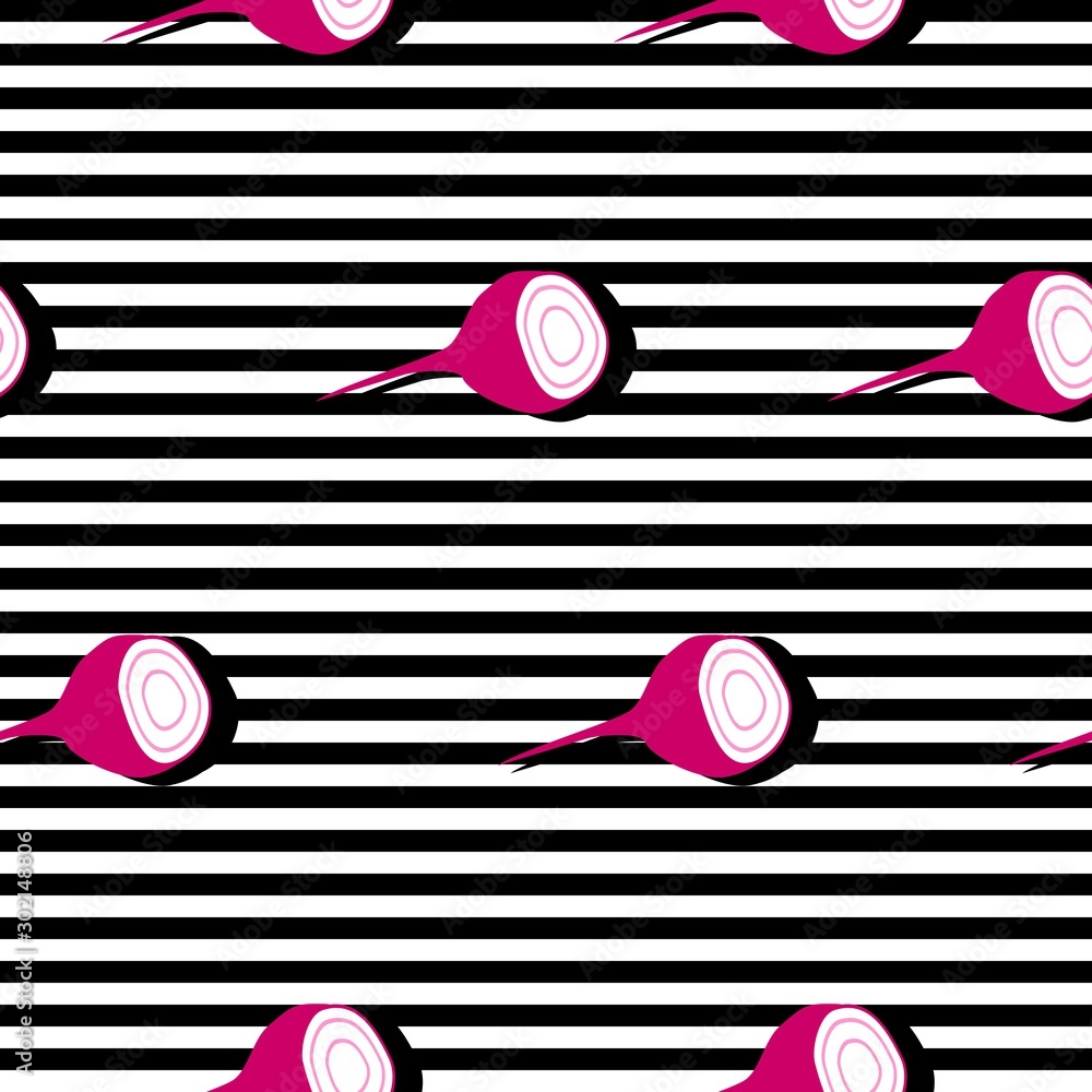 Poster seamless background with stripes and slice red radishes with dark shadow. vector illustration design