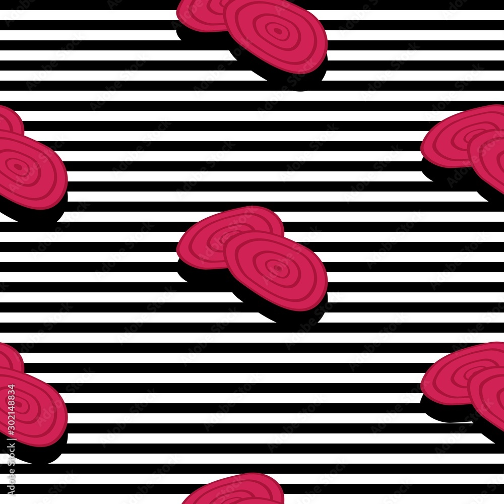 Poster seamless background with stripes and slice beetroots with dark shadow. vector illustration design fo