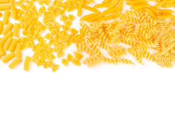 Italian pasta texture, flatlay banner, overhead shot on a white background with copyspace. Fusilli,...