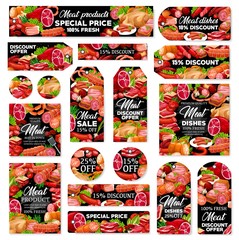 Obraz premium Meat and sausage sale tags of beef, pork, chicken