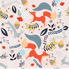 Fototapeta premium Cute fox and rabbit seamless pattern
