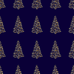 Hand-drawn abstract pine pattern for new year. Golden christmas tree seamless background. EPS 10