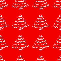Hand-drawn abstract pine pattern for new year. Christmas tree seamless red background. EPS 8
