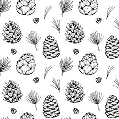 Hand drawn Christmas seamless pattern with fir tree and pine tree branches and cones isolated on white background. Vector illustration in sketch style