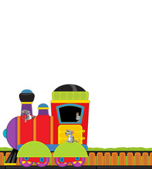 Naklejka premium cartoon steam train on tracks on white background space for text - illustration for children