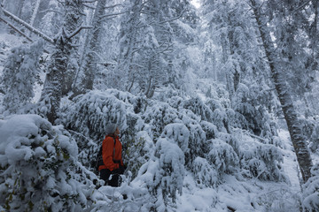 woman with red jacket in snowy forest