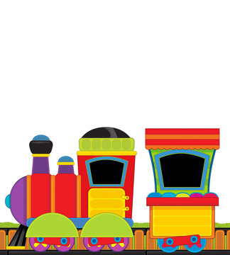cartoon steam train on tracks on white background space for text - illustration for children