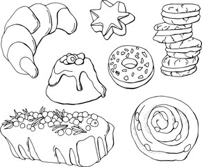 set of black and white icons baking, bun, pretzel, croissant
