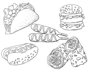 black and white appetizing fast food set