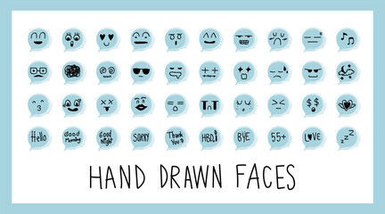 Hand draw face emoji with different emotions icon isolated on white background. Character creative vector illustration EPS10. Set of doodle cute cartoon feelings with art blue speech bubble. © yayha
