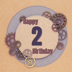 .Greeting card for men with gears of different sizes and colors with circles and the inscription "Happy Birthday 1"..