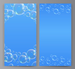 Soap bubble on blue background. Banners of transparent foam bubble, great design for social media and print.