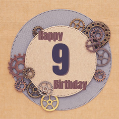Greeting card for men with gears of different sizes and colors with circles and the inscription...