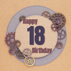 Greeting card for men with gears of different sizes and colors with circles and the inscription...