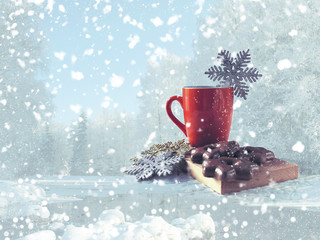 Red mug with coffee, chocolate cookies and snowflakes on winter forest background with Christmas wishes. Christmas card. Winter. Snowfall in winter forest.