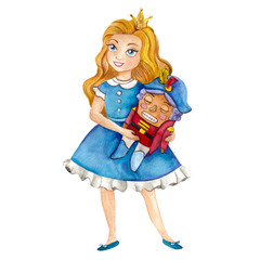 Christmas card with Nutcracker and pine tree, watercolor hand draw illustration