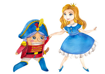 Christmas card with Nutcracker and pine tree, watercolor hand draw illustration