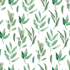 Seamless pattern with delicate leaves, isolated on white background