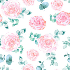 Naklejka premium Seamless pattern with watercolor hand draw delicate flowers and leaves, isolated on white background