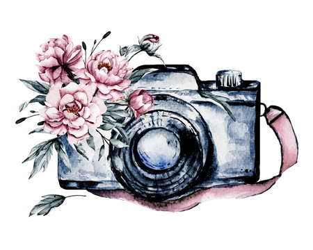 Camera with flowers. Sketch watercolor hand painting, isolated on white background.