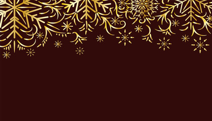Frosty pattern. New Year, holiday background. On a dark background gradient, golden snowflakes and frosty patterns. There is a place for text. Element of a festive decor. Vector illustration.