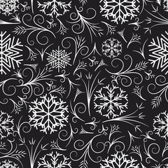  Frosty pattern. New Year seamless pattern. On a dark background white snowflakes and frosty patterns. Element of a festive decor. Vector illustration.