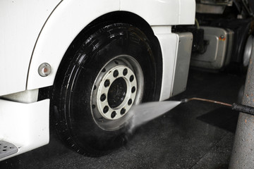 Truck washing close-up. Cement truck