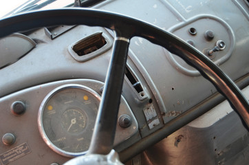 Old truck speedometer and dashboard.