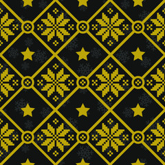 Vector seamless geometric pattern with golden knitted snowflakes on black background; winter design for greeting card, sweater, gift box, wallpaper, wrapping paper, fabric, web design.
