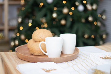 Bright Christmas kitchen . Kitchen interior. Holiday decoration.