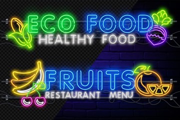 Set of neon icons of fruits and berries. Pear, cherry, tropical pineapple and banana, ecologically clean organic food for healthy lifestyle. Set neon sign. bright signboard, light banner. Neon logo