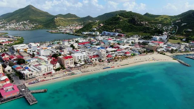 Aerial view of the Philipsburg harbor on Saint Martin island. Some hotels, beach and sailing yachts. Beautiful beach and sailing yachts piers.