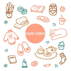 Cozy vibes. Slow life concept. Doodle hand drawn symbols