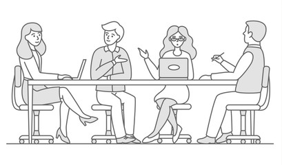 Business discussion. A corporate meeting of workers at the table. Brainstorm. Team search for ideas. linear vector illustration. Coworking. Editable stroke