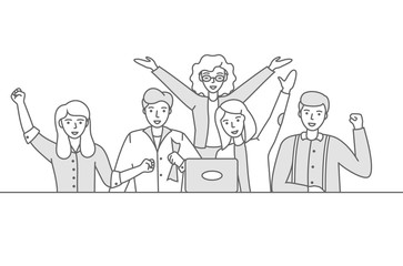 Business people celebrating. People at the table are happy and raise their hands up. linear vector illustration. Editable stroke