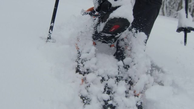 Schneewanderer im Tiefschnee, bei D&auml;mmerung durch einen Tannenwald , Close up auf stiefel und herumfliegenden schnee