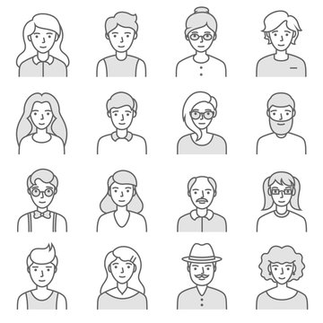 People set. Men and women, avatar icon. linear vector illustration. Editable stroke