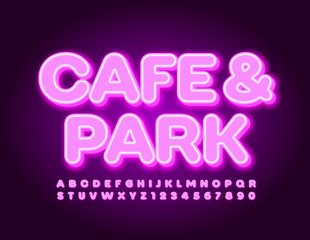 Vector neon violet logo Cafe & Park. Neon light Font. Electric Alphabet Letters and Numbers