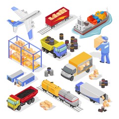 Big vector isometric set on white with types and stages of delivery, logistics for infographics, web design. Transportation by air, land, sea, storage, distribution, insurance of cargo, goods.