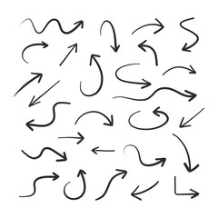 Collection of hand drawn doodle style arrows in various directions. Black arrows isolated on white background
