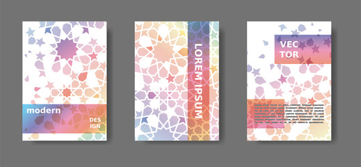 Rainbow cover design with arabic mosaic.Disintegration geometric poster set. Vector A4 catalog,magazine, cover modern set.